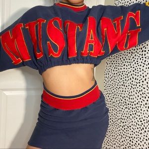 Two piece mustang sweater and skirt set.